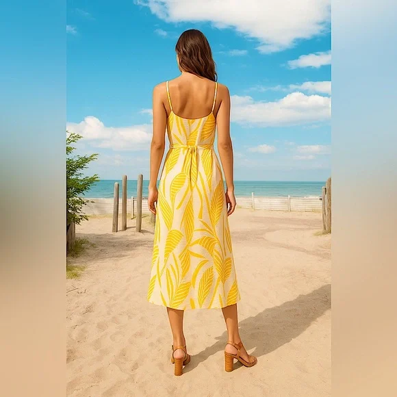 Lascana Yellow Tropical Leaf Print Sundress XL A-Line Belted Midi Dress NWT New - Picture 2 of 5